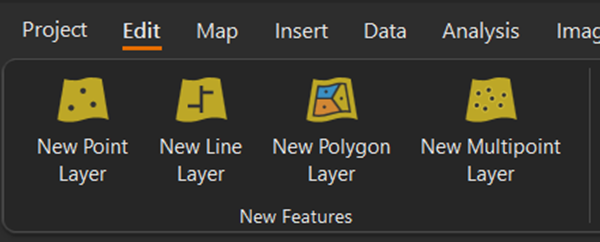 The Edit tab with the New Features group. This group contains New point Layer, New Line Layer, New Polygon Layer, and New Multipoint Layer.