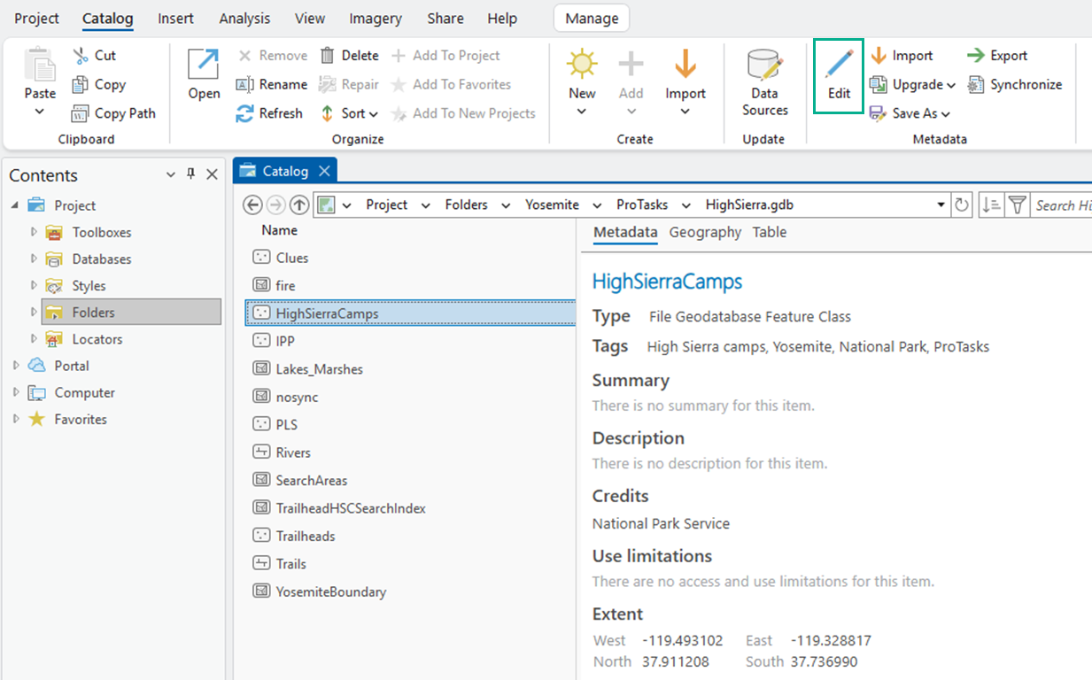 Green box around the Edit metadata button on the ArcGIS Pro ribbon.