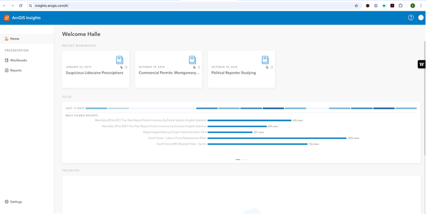 Screenshot of the ArcGIS Insights home screen