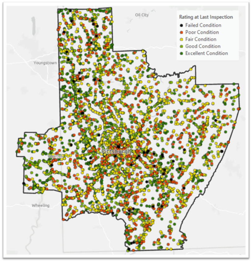 Map of bridges in the Pittsburgh metropolitan area symbolized by current bridge condition