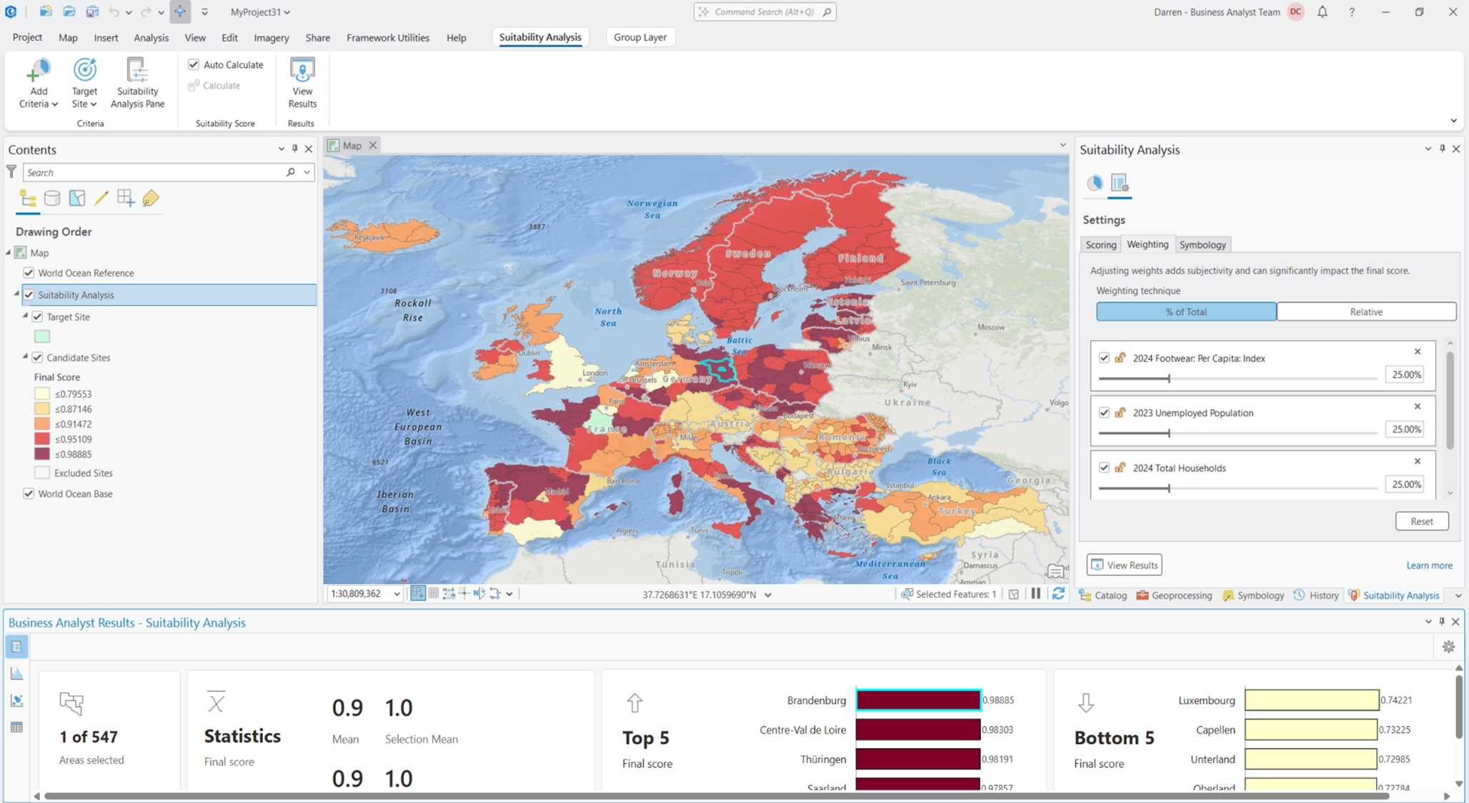 Suitability Analysis map using Western Europe major subdivisions as candidate sites.