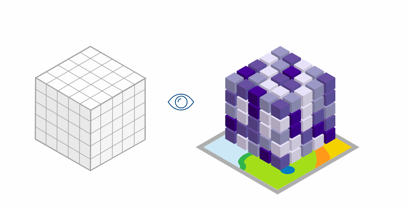 Animated diagram showing a gray space-time cube on the left and a visualized 3D space-time cube layer on the right. The colors of the bins in the space-time cube layer change, representing different display theme options for the 3D visualization.