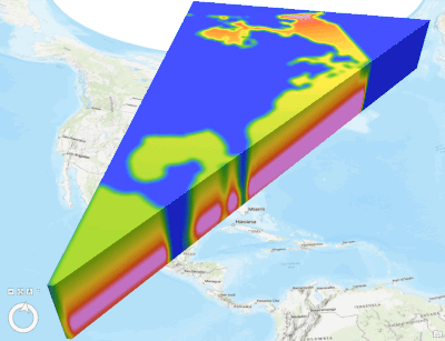 Space Time Kernel Density of temperature data at different depths, seen as a voxel layer in a Local Scene (vertical exaggeration was used for visualization purposes)