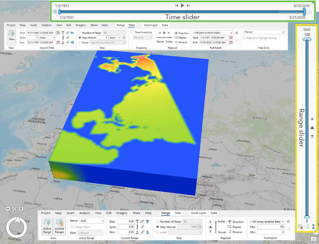 Example output voxel layer from the Space Time Kernel Density tool- time and range tabs are added for reference (vertical exaggeration was used for visualization purposes)