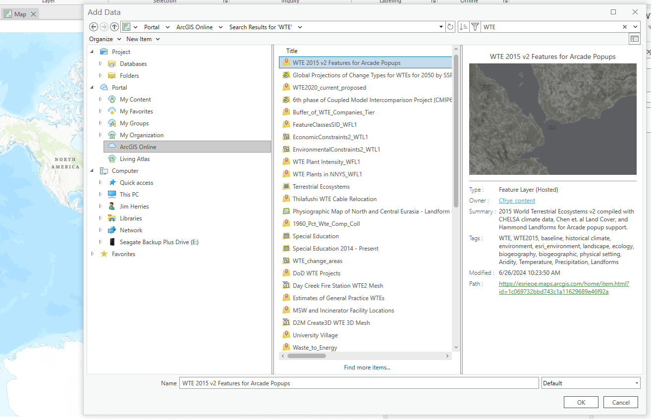 Search in ArcGIS Pro also shows Title only. Click on any item to see Summary and other item information