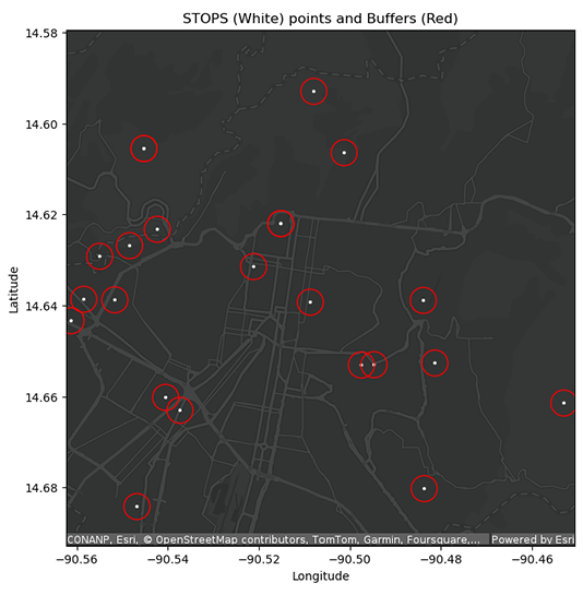 A map displays multiple stops surrounded by red circular areas on a dark gray background