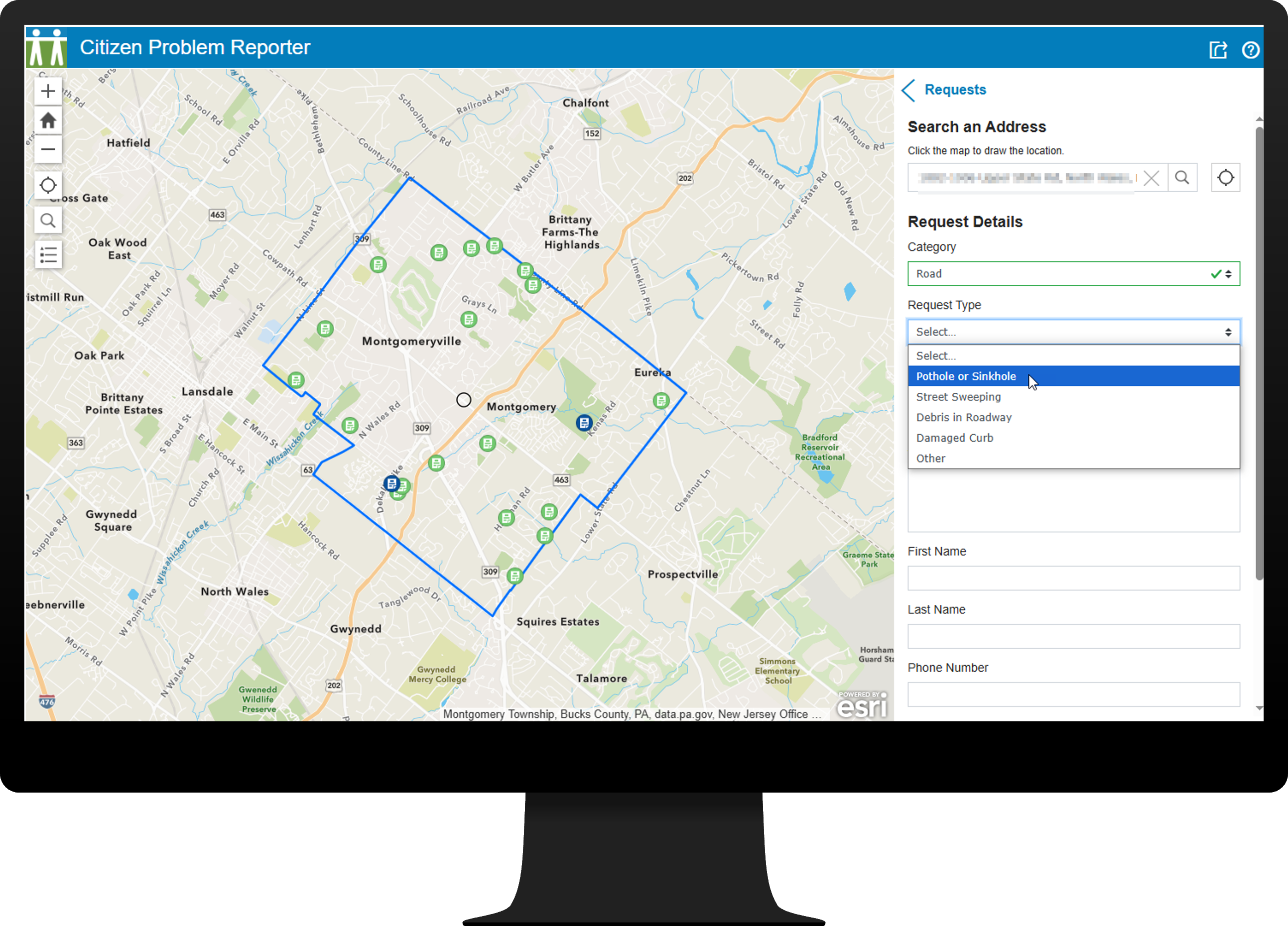 Citizen Problem Reporter solution shown on a desktop with the township's boundary outlined in blue on the map.