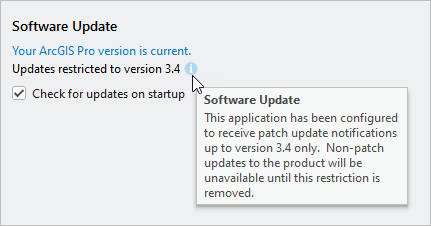 ArcGIS Pro UI showing updates restricted info message when UpdateTargetVersion is set