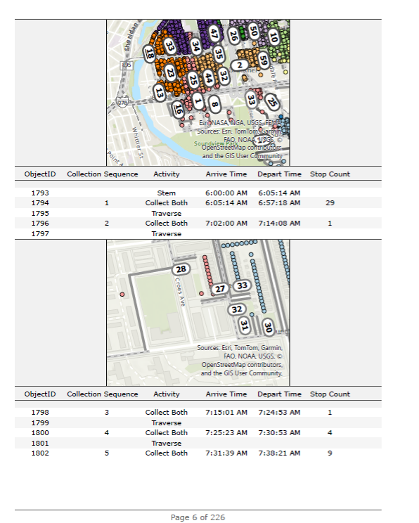 Inset maps with colored dots for driver routes on a gray background with text stop sequences.