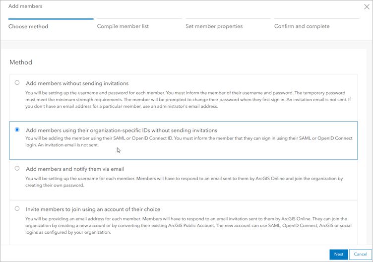 Add members window with Add members using their organization-specific IDs without sending invitations option selected