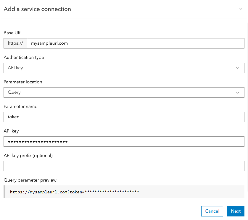 Service connection modal in ArcGIS Data Pipelines