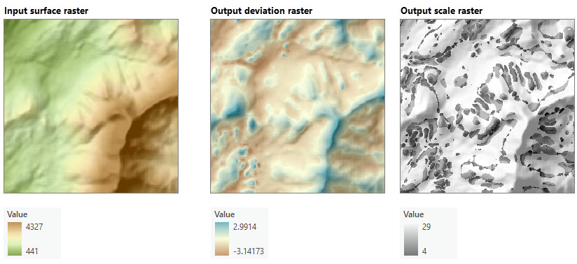 Input raster and two outputs from the Multiscale Surface Deviation tool in ArcGIS Spatial Analyst 3.5