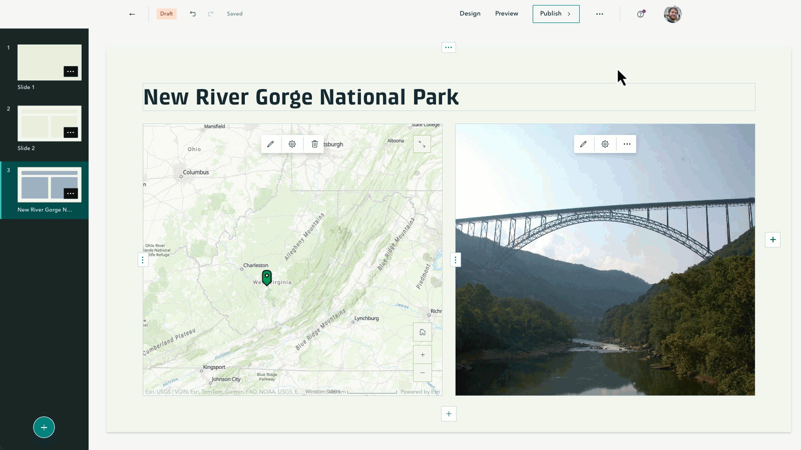 A GIF of screenshots showing how to add image captions in the ArcGIS StoryMaps briefings builder.
