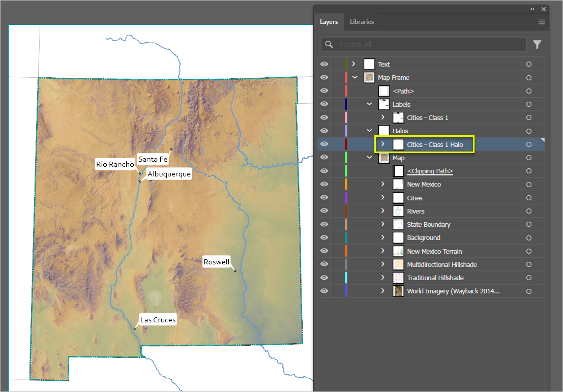 Screenshot of a map of New Mexico with balloon callout labels for cities