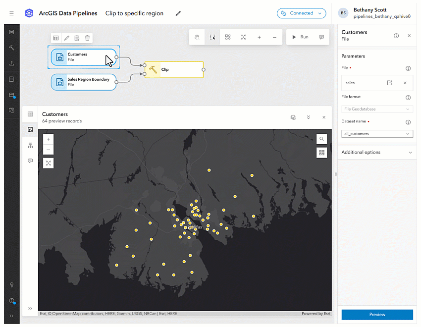 The Clip tool in ArcGIS Data Pipelines.
