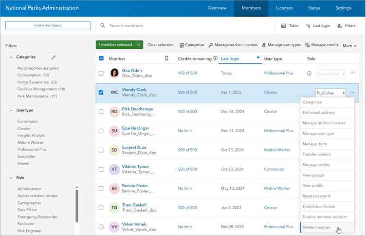 Members list with one member selected and Delete member option indicated