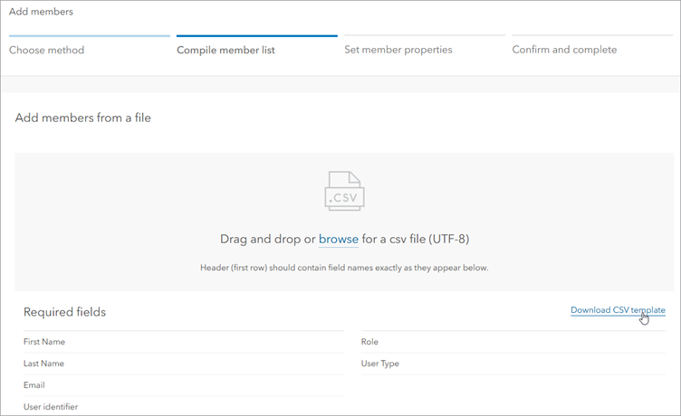 Download CSV template link on the Compile member list step page
