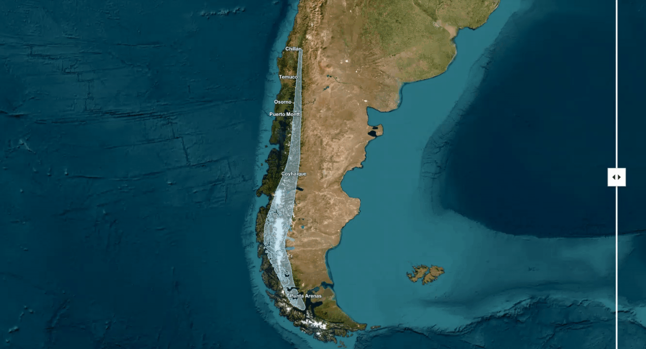 An animated screen capture of an ArcGIS StoryMaps swipe block comparing huemul habitat before conservation efforts (left) and after conservation efforts (right)