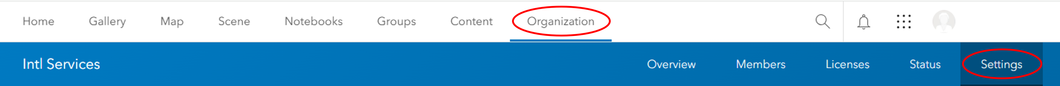 Where to find the Organization and Settings tabs in ArcGIS Online