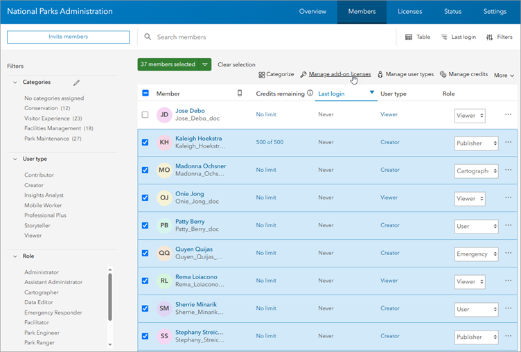 Members list with multiple members selected and Manage add-on-licenses option indicated
