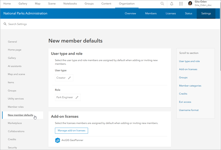 New member defaults settings with User type and role and Add-on licenses settings displayed