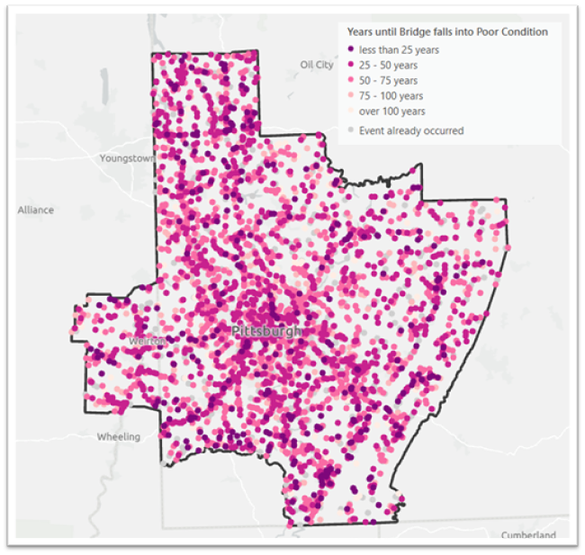 A map of bridges in the Pittsburgh metropolitan area, symbolized by the estimated time remaining until poor condition. The darkest purple represents less than 25 years.