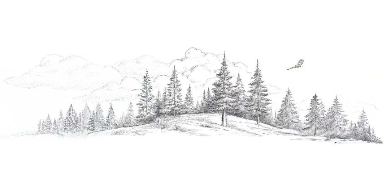 A black and white illustration of mountains and trees