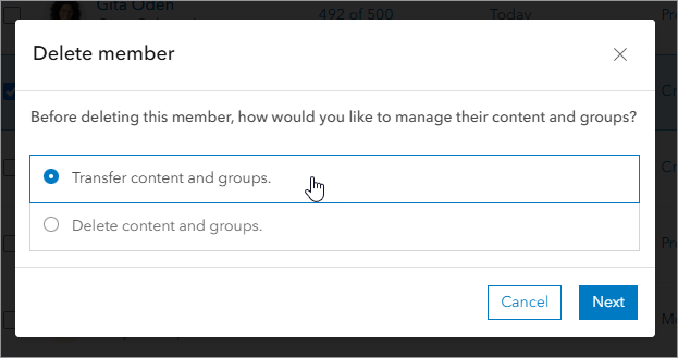 Delete member window with the Transfer content and groups option selected