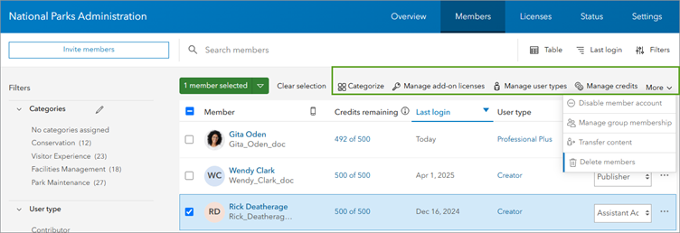 Members list with one member selected and available settings highlighted