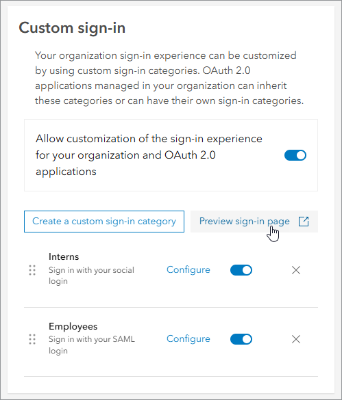 Custom sign-in section with Interns and Employees categories listed and enabled
