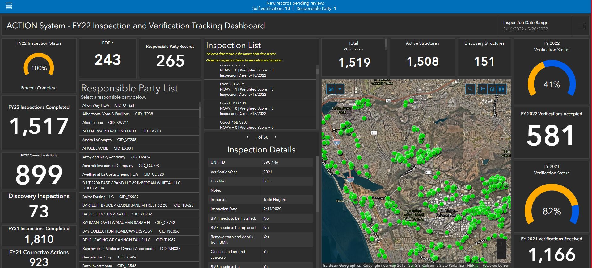 City of Carlsbad’s ACTION System Inspection and Verification Tracking Dashboard—The dashboard provides the city with an overall view of program compliance while increasing accountability, accuracy, efficiency, and effectiveness in managing TCBMPs.