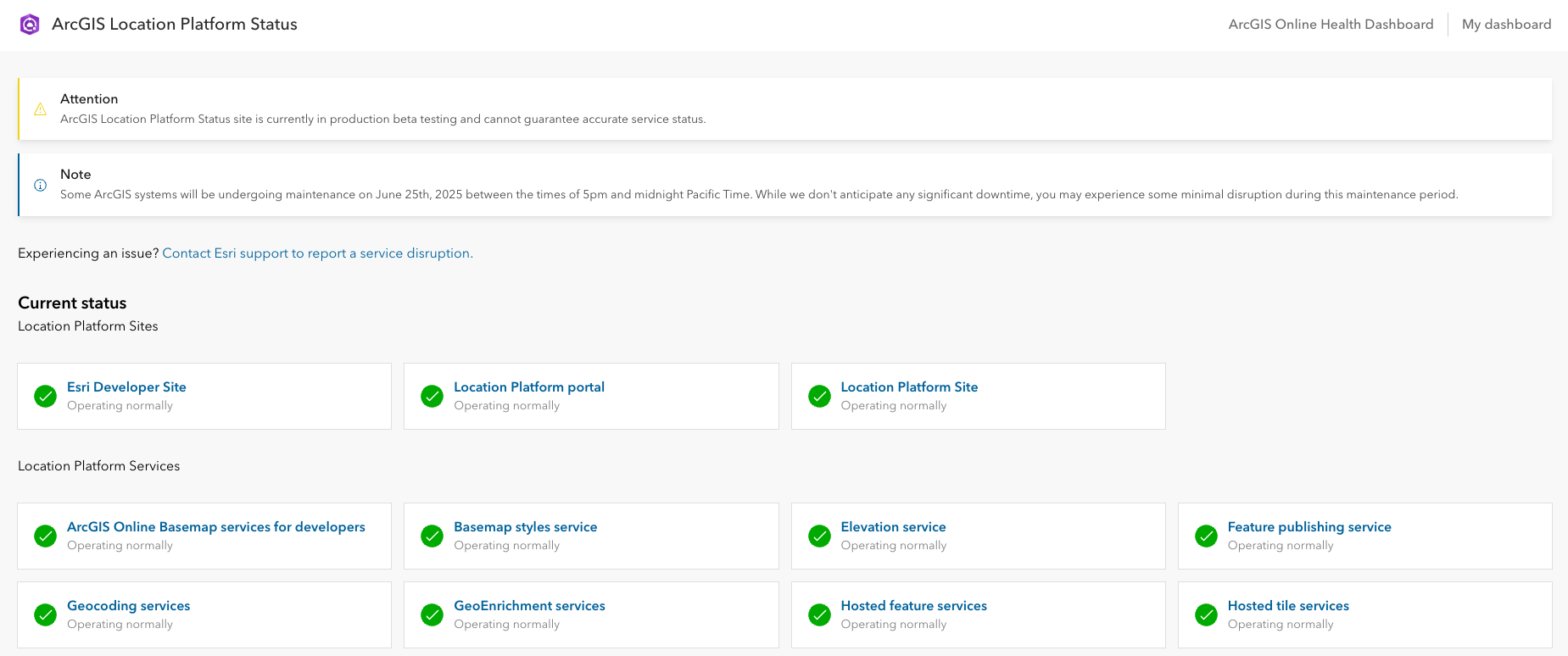 A website displaying the status of various services available through the ArcGIS Location Platform