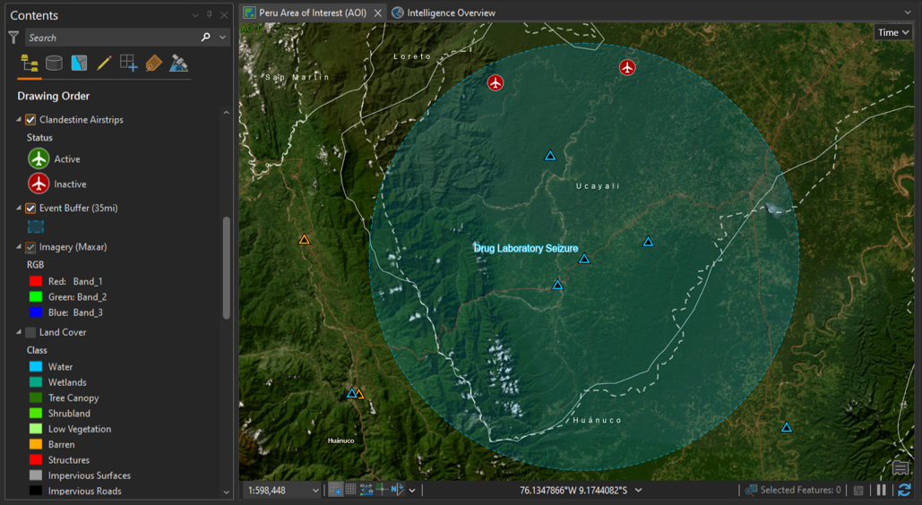 A map of the Amazon Ecoregion in the ArcGIS Intelligence interface is displayed. Points of interest are labeled, including a "Drug Laboratory Seizure." A contextual menu is open, showing labeling options.