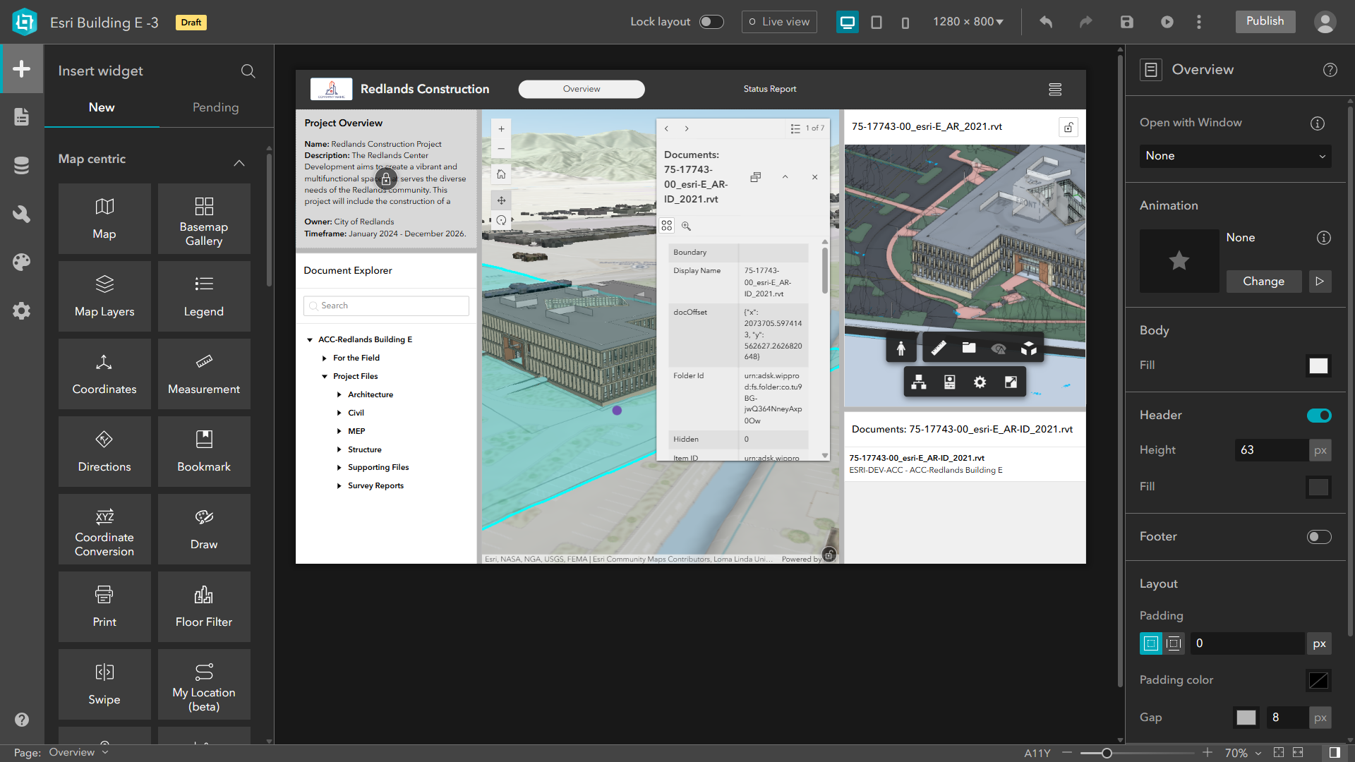 A screenshot of showing ArcGIS Experience Builder in app editing mode using widgets that connect to AEC data in Autodesk Construction Cloud.