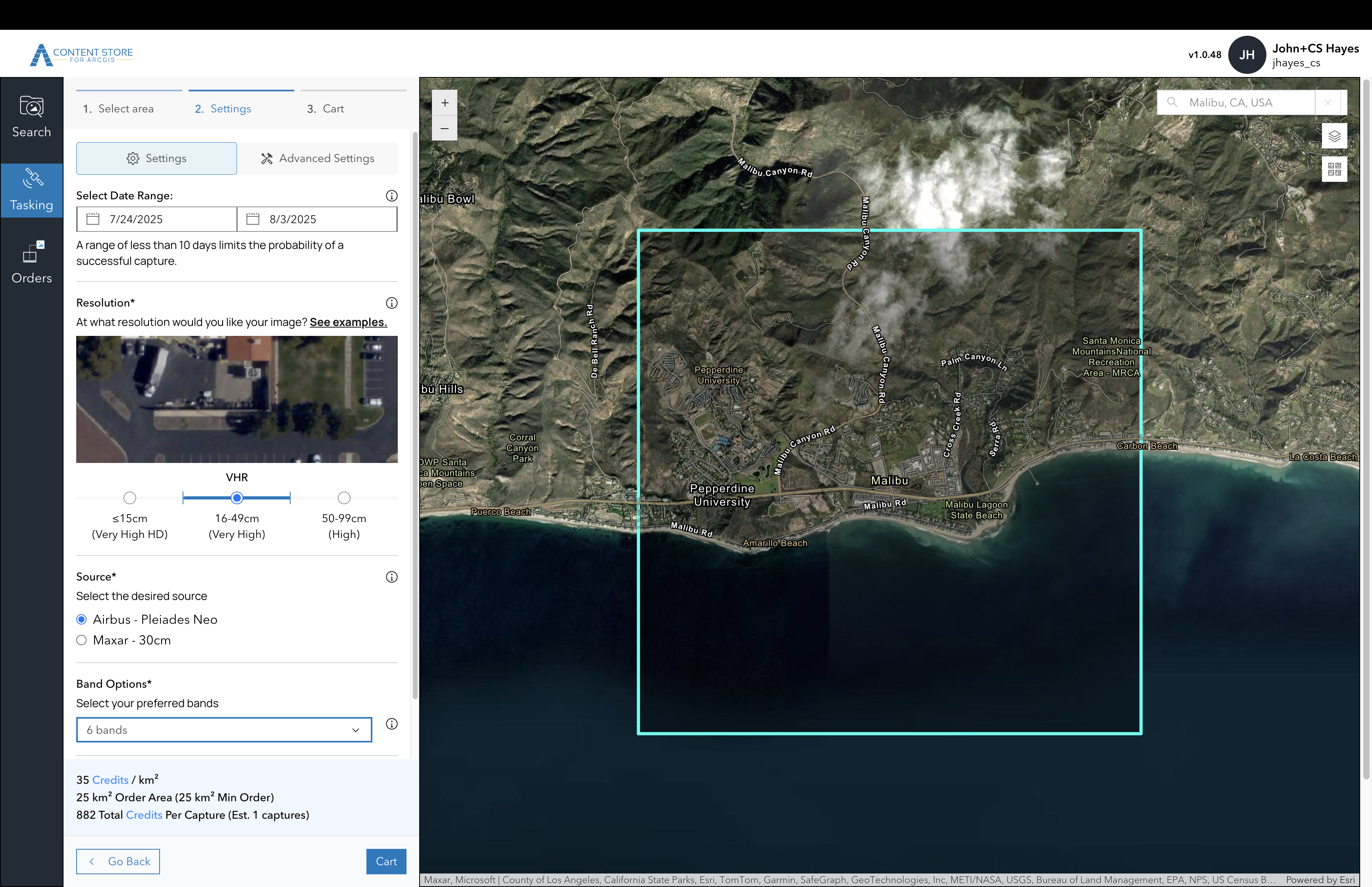 The right imagery depends on your specific needs. Here, the user selects Airbus Pleiades Neo for a high-resolution, 6-band image of the California coast near Malibu, ideal for detailed analysis.