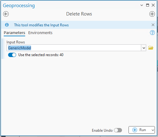Delete Rows Geoprocessing Tool - Selected Element