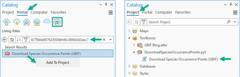 Install the GBIF toolbox directly from the Catalog pane in ArcGIS Pro.