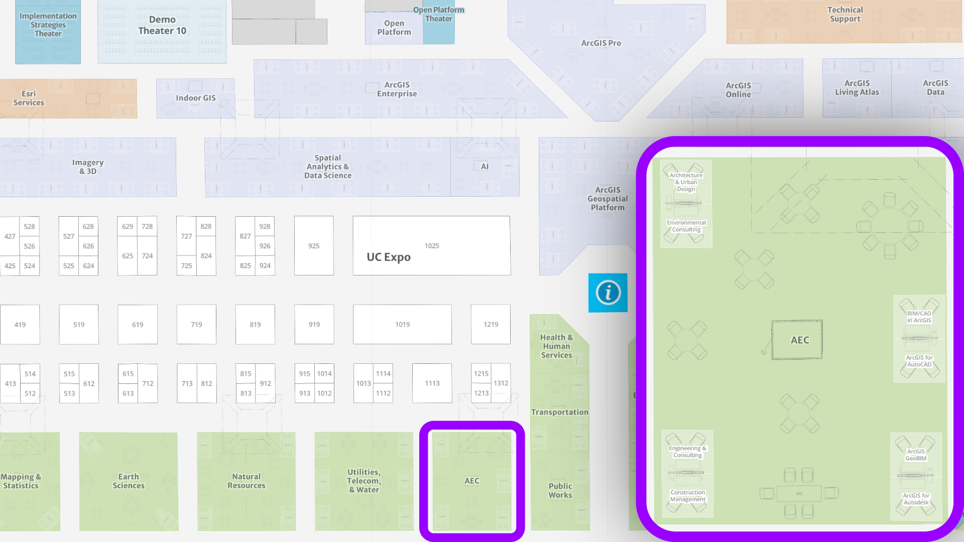 A portion of the 2025 Esri UC floor plan highlighting the AEC industry area where BIM/CAD integrated product kiosks are located.