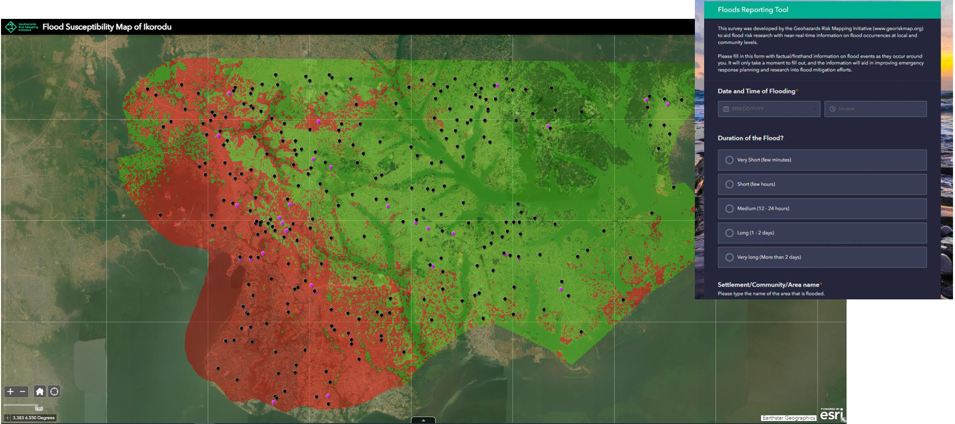 Left: Flood susceptibility map of Ikorodu, Nigeria. Right: Flood reporting app that enables volunteers and the public to report events in real time.