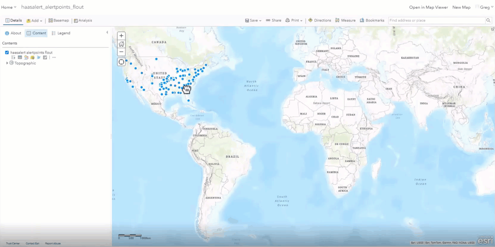 Gif showing the alert points displayed using the HAAS Alert feed type in ArcGIS Velocity.