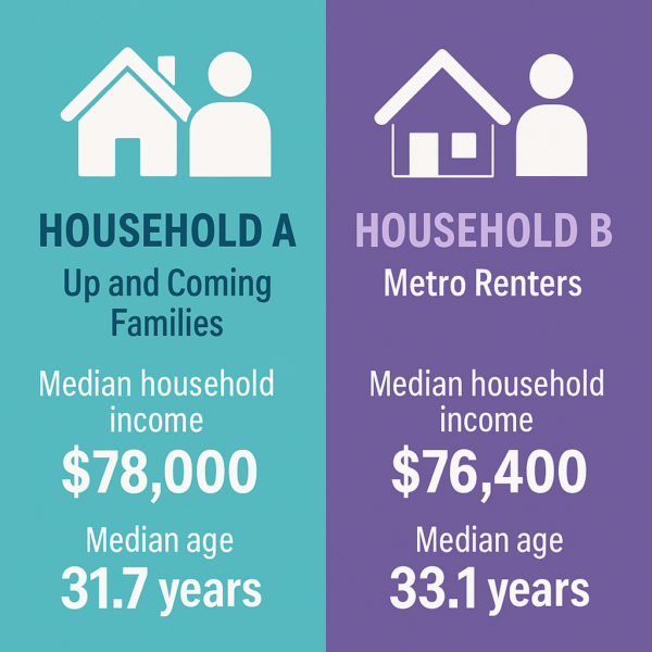 Household "A" and Household "B" are similar in terms of median household income and median age.