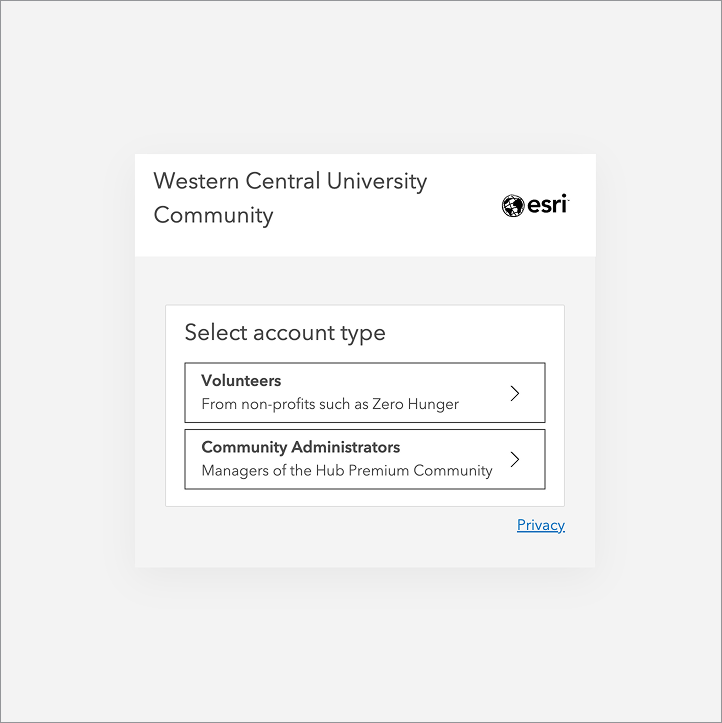 Sign-in page for Community Hub organization with Volunteers and Community Administrators sign-in categories