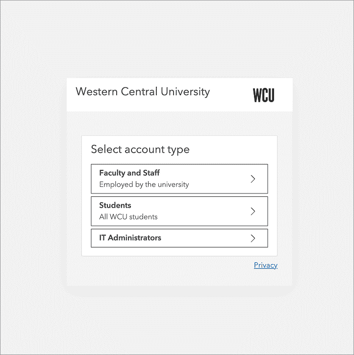 Sign-in page for University Hub organization with Faculty and Staff, Students, and IT Administrators sign-in categories
