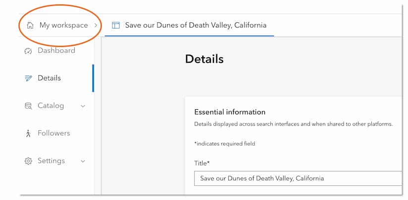 Select My workspace to open your user workspace