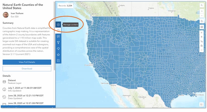 Hub user interface to select the Manage button on a live view to go to the workspace