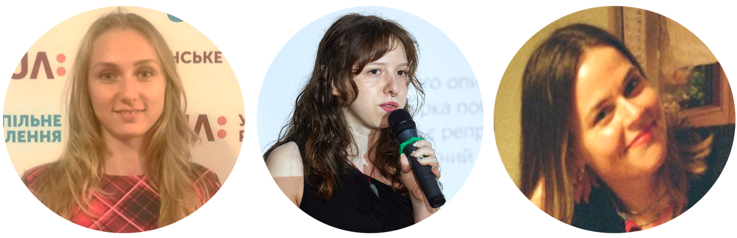 Three horizontally placed circular headshots of women at equal distance next to each other