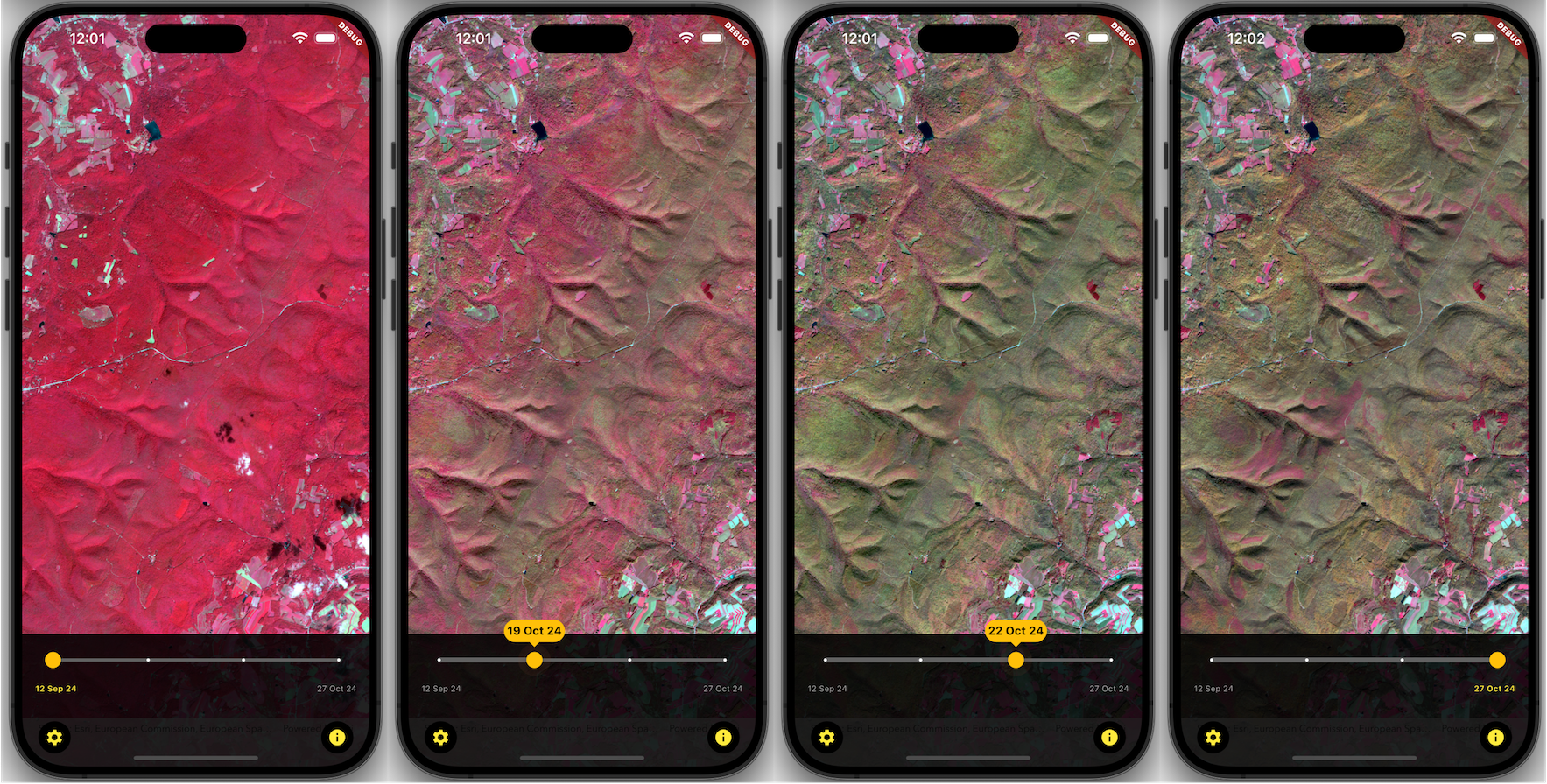Four mobile phone screens displaying satellite imagery