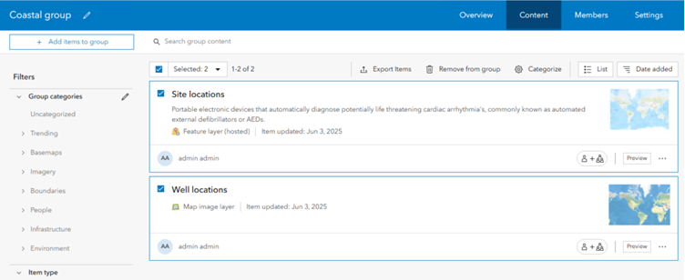 Content tab of an export group with two items selected for export