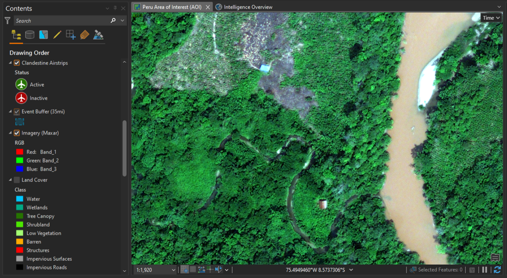 A map of the Amazon Ecoregion in the ArcGIS Intelligence interface is displayed. Points of interest are labeled, including a "Drug Laboratory Seizure." A contextual menu is open, showing labeling options.
