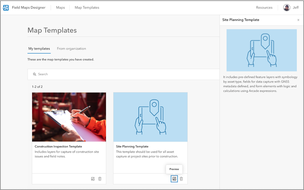 Search, preview and delete templates from the Map Templates tab.